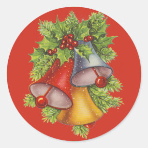 Cloches de Noël sur Sticker rond Classique Bleu