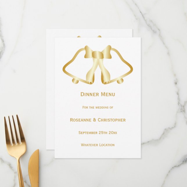 Cloches Et Ruban De Menu Mariage Or (Devant/Arrière en situation)