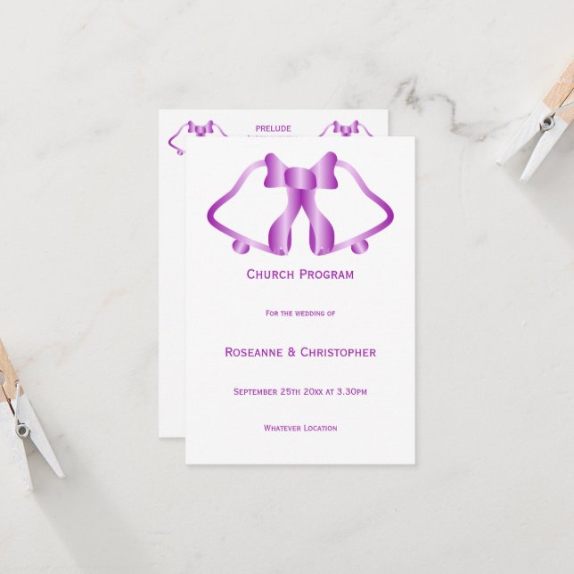 Cloches Et Ruban Du Programme De Mariage Violet (Devant/Arrière en situation)