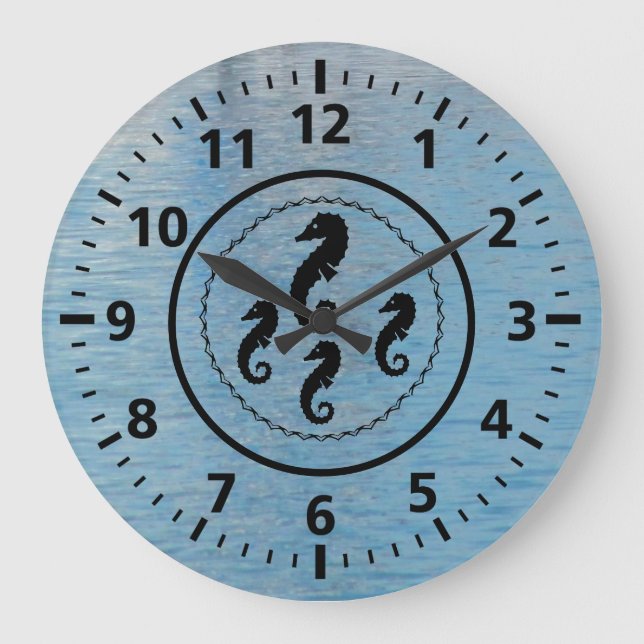 Clock - Black Seahorses and Water Große Wanduhr (Vorderseite)