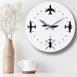 Clock Face with Airplane icons Cool Pilot Aviation Große Wanduhr