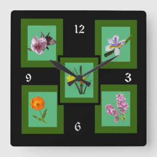 Clock - Five Flowers Quadratische Wanduhr