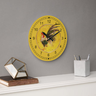 Clock - Rooster and Yellow Background Große Wanduhr