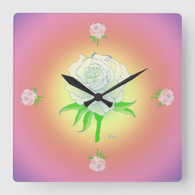 Clock - Rose and Rainbow (warm) Quadratische Wanduhr (Vorderseite)
