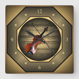 Clock-Tagon ~ Geige ~ Blatt Music ~ Unique ~ Quadratische Wanduhr