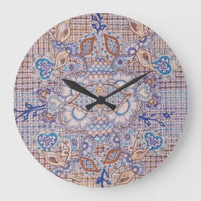 clock with blue and brown floral design große wanduhr (Vorderseite)