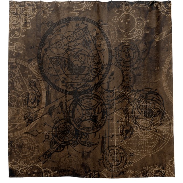 Clockwork Collage Brown Duschvorhang (Vorderseite)