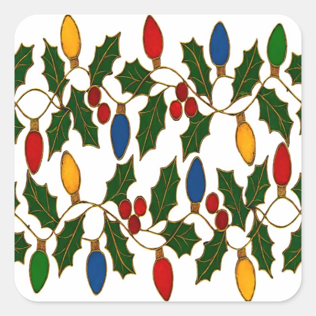 Cloisonne Art Christmas Lights and Holly Quadratischer Aufkleber (Vorderseite)
