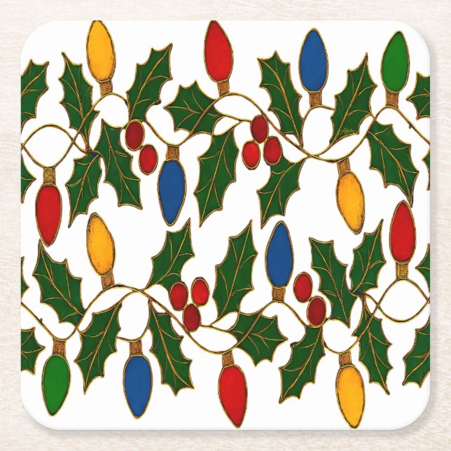 Cloisonne Art Christmas Lights and Holly Rechteckiger Pappuntersetzer (Vorderseite)