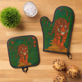 Cloisonne Art Tiger on the Jungle Path Ofenhandschuh & Topflappen-Set