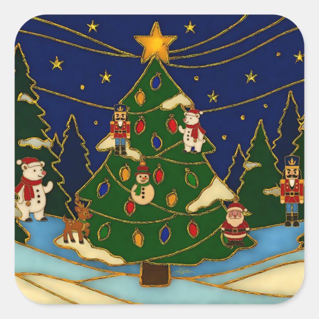 Cloisonne Art Whimsical Forest Classic Christmas  Quadratischer Aufkleber (Vorderseite)