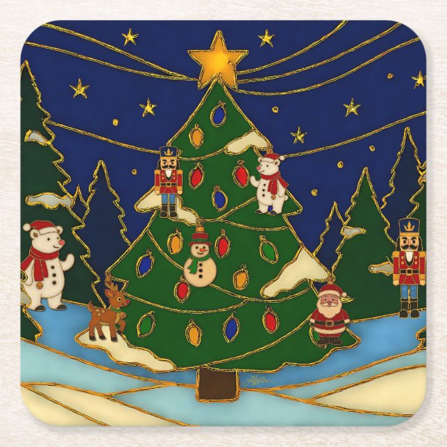 Cloisonne Art Whimsical Forest Classic Christmas  Rechteckiger Pappuntersetzer (Vorderseite)