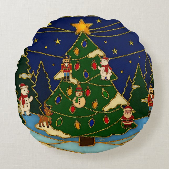 Cloisonne Art Whimsical Forest Classic Christmas  Rundes Kissen (Vorderseite)