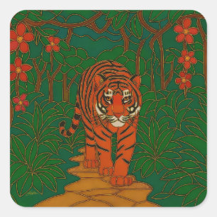 Cloisonne Kunst Tiger auf dem Dschungelpfad Quadratischer Aufkleber