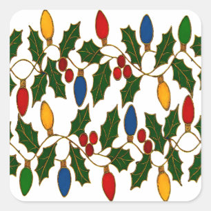 Cloisonne Kunst Weihnachtslichter und Stechpalme Quadratischer Aufkleber