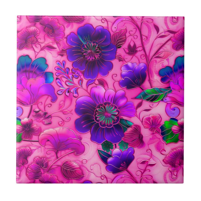 Cloisonrosa lila Blumenmuster Fliese (Vorderseite)