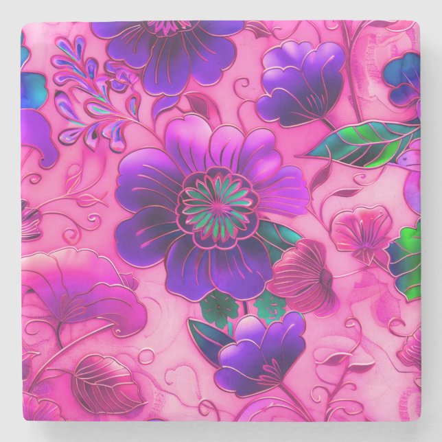 Cloisonrosa lila Blumenmuster Steinuntersetzer (Vorderseite)