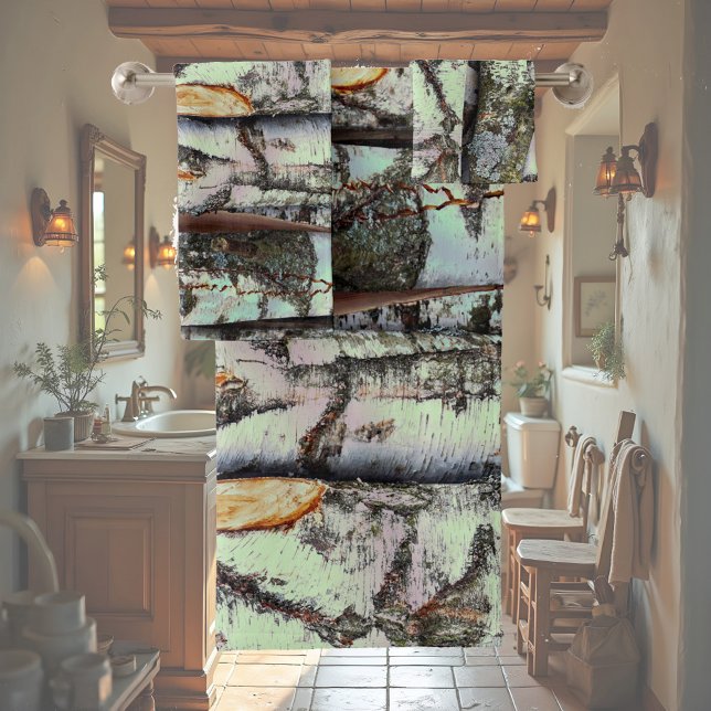 Close-up scene of birch log stumps, rustic charm badhandtuch set (Von Creator hochgeladen)