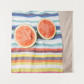 Closeup photo of slice watermelon fruits on cloth wandteppich