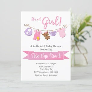 Clothesline Baby shower Invitation Baby Girl