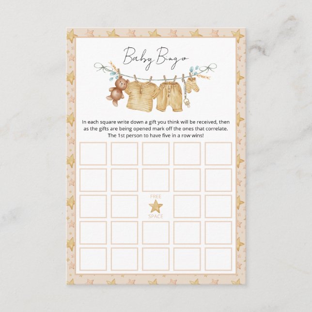 Clothesline Babydusche Bingo Game Card Begleitkarte (Vorderseite)