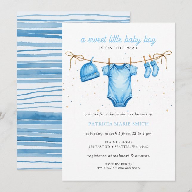 Clothesline Blue Boy Baby Shower Einladung (Vorne/Hinten)
