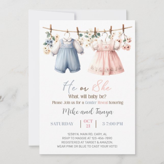 Clothesline gender reveal invitation, flowers. einladung (Vorderseite)
