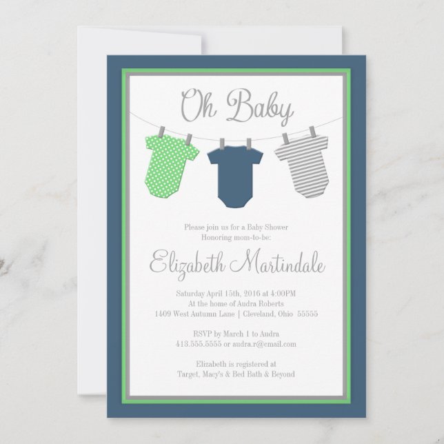 Clothesline Navy Green Baby Boy Shower Invitation (Devant)