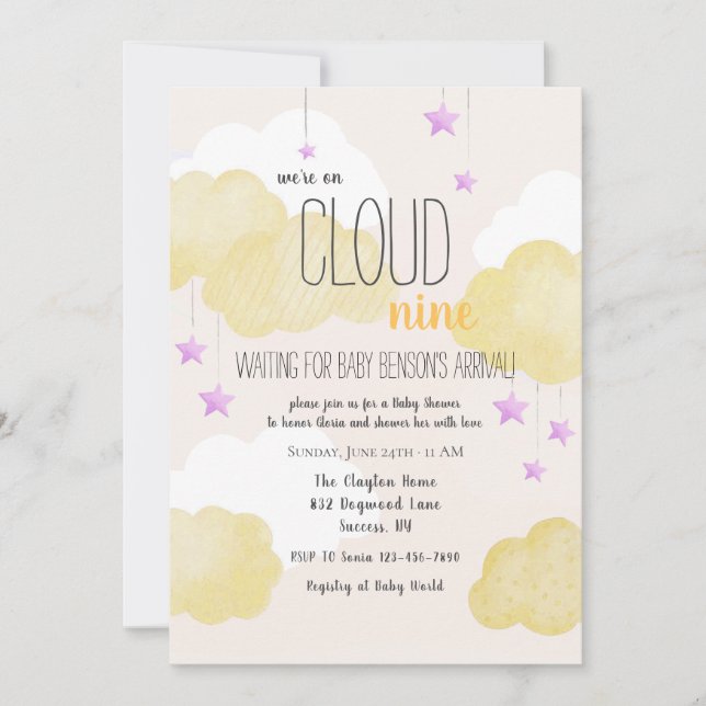 Cloud 9 Baby Dusche Einladung in Gold (Vorderseite)