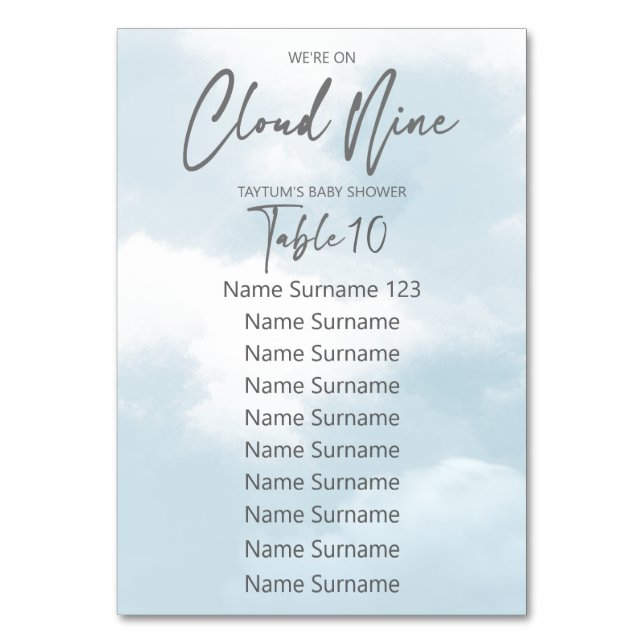 Cloud 9 Babydusche Tischnummern (Vorderseite)