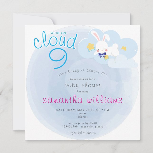 Cloud 9 einige Bunny Blue Oaster Boy Baby Dusche Einladung (Vorderseite)