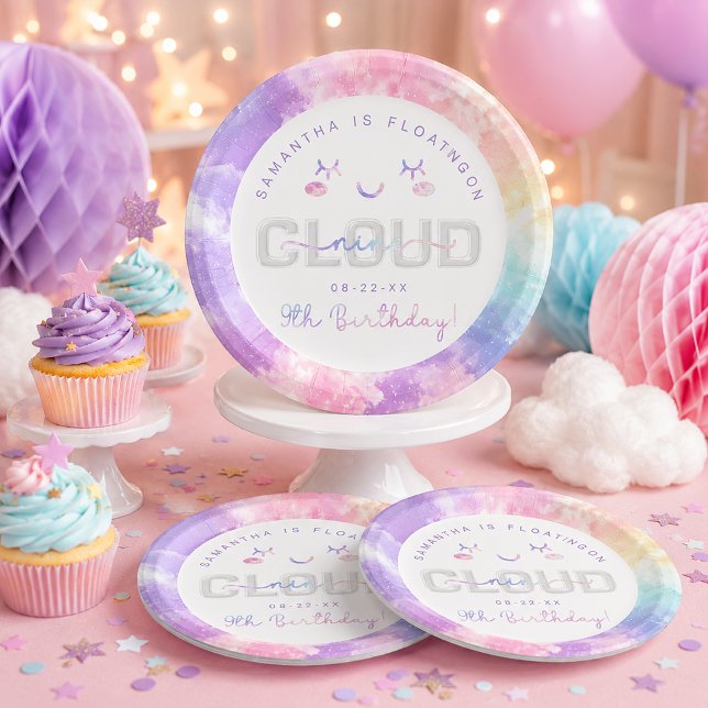Cloud 9. Geburtstag Paper Tellers - Pastel Sky Pappteller (Cloud-themed birthday celebration paper plates)