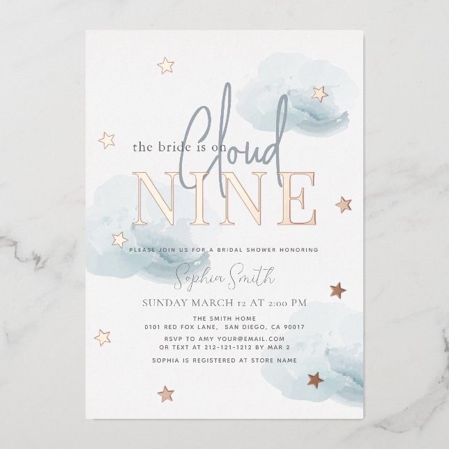 Cloud 9 Gold Stars & Blue Clouds Brautparty Folieneinladung (Vorderseite)