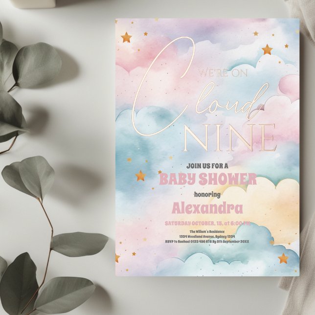Cloud 9 Gold Stars Watercolor Babydusche Folieneinladung (Von Creator hochgeladen)