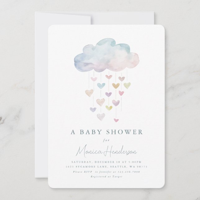 Cloud and Hearts Baby Shower Einladung (Vorderseite)
