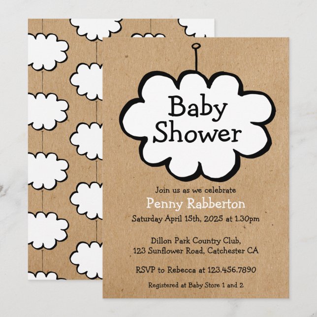 Cloud auf einer String Rustic Kraft Baby Dusche Einladung (Vorne/Hinten)