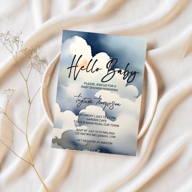 Cloud baby Dusche graue Wolken Babydusche Einladung (Cloud baby shower editable template invitation digital download watercolor clouds modern casual font)