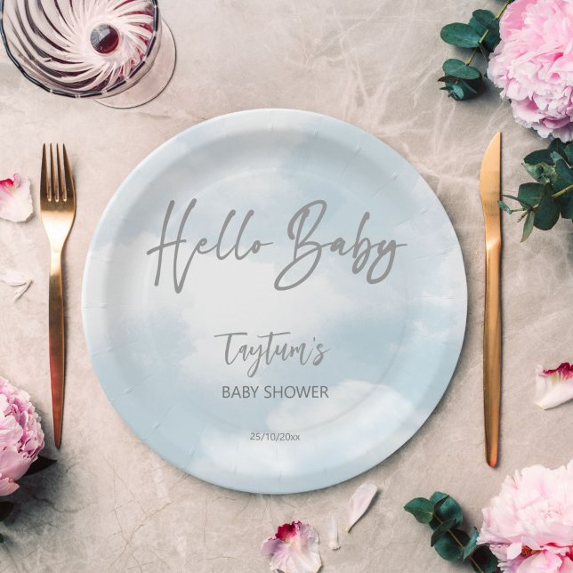 Cloud baby Dusche graue Wolken Babyduschschvorlage Pappteller (Cloud baby shower grey clouds baby shower template paper plates personalized tableware hello baby)