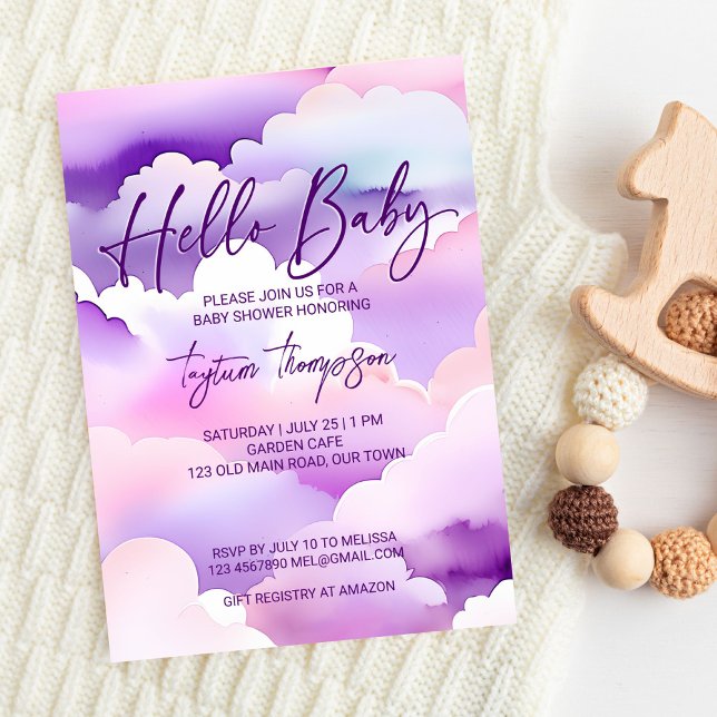 Cloud baby Dusche lila Wolken Babydusche Einladung (Cloud baby shower purple clouds baby shower editable template invitation digital download hello baby)