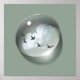 Cloud & Birds Wasserfall Grüner Minimal Poster