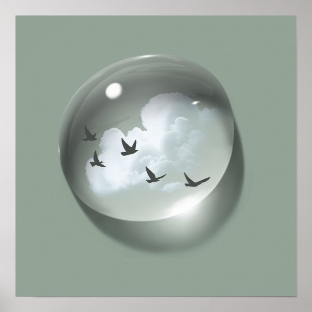 Cloud & Birds Wasserfall Grüner Minimal Poster (Vorne)