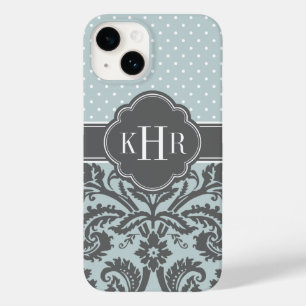 Cloud Blue und Karkohle Gray Damask Dots Monogram title_seo2