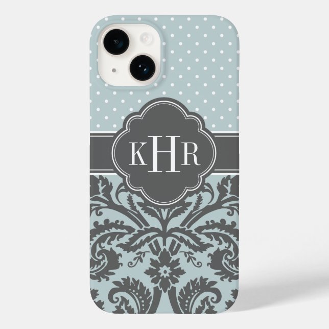 Cloud Blue und Karkohle Gray Damask Dots Monogram title_seo2 (Rückseite)