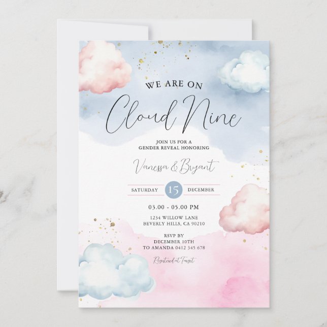 Cloud Blush Pink & Blue Gender Reveal Gold Glitzer Einladung (Vorderseite)
