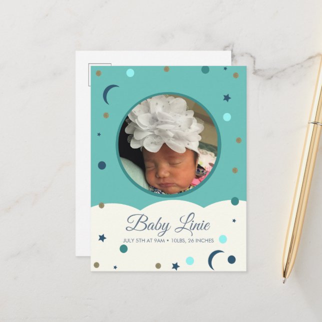 Cloud Border Baby Announccard Moon and Stars Ankündigungspostkarte (Vorderseite/Rückseite Beispiel)