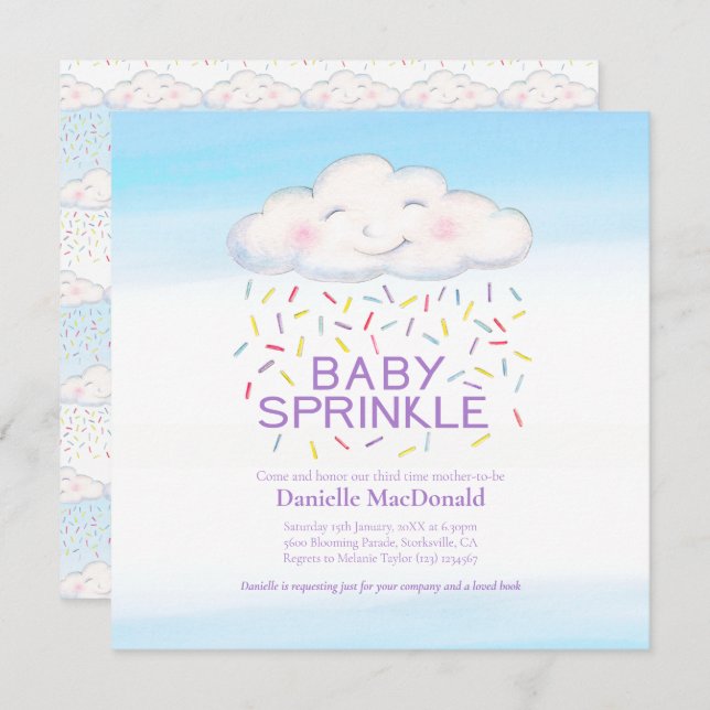 Cloud candle baby sprinkle watercolor quadratisch einladung (Vorne/Hinten)