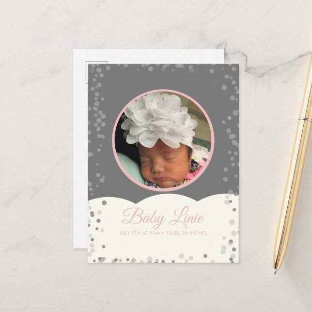 Cloud Confetti Dot Border Baby Gray Pink Announcem Ankündigungspostkarte (Vorderseite/Rückseite Beispiel)