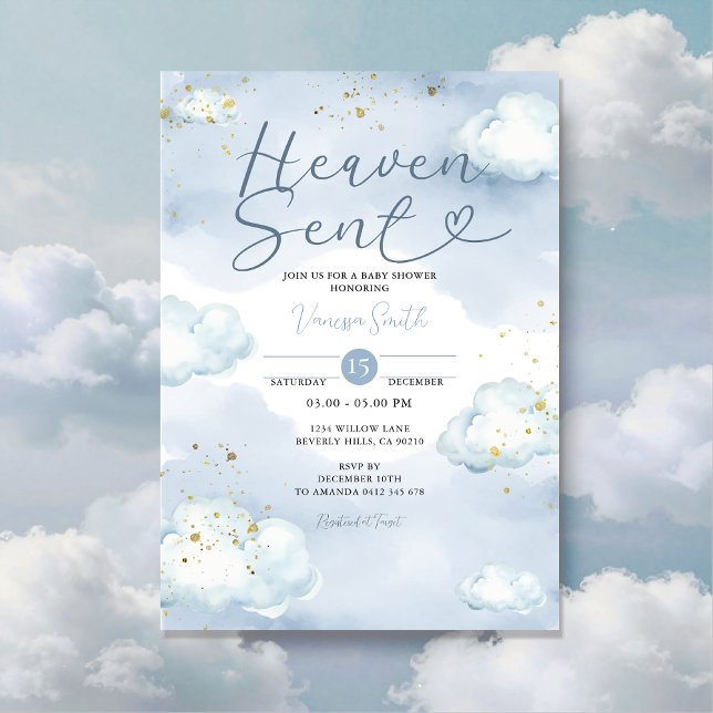 Cloud Heaven Sent Baby Shower Gold Glitter Einladung (Von Creator hochgeladen)