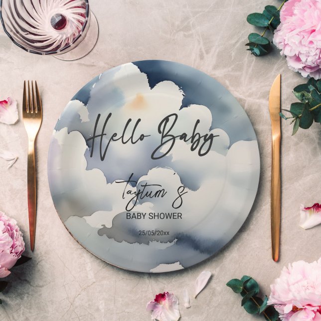 Cloud hello Baby Dusche graue Wolken Vorlage Pappteller (Cloud hello baby baby shower grey clouds template paper plates personalized tableware decor)
