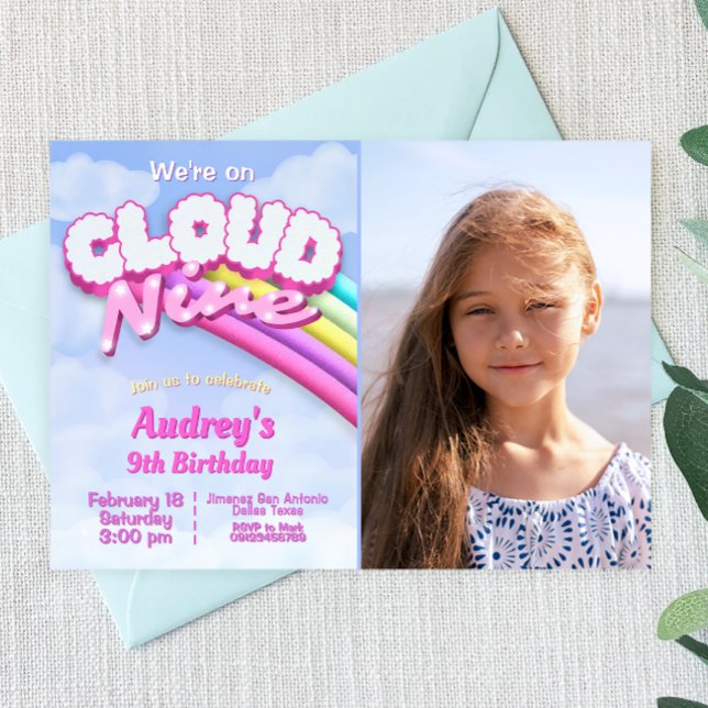 Cloud Nine - 9. Geburtstag mit Foto Einladung (Cloud Nine - 9th Birthday with Photo Invitation)